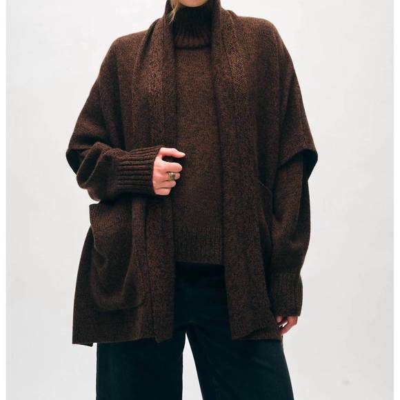 NEW WHITE + WARREN merino cashmere open poncho in umber/black marl - Picture 1 of 4